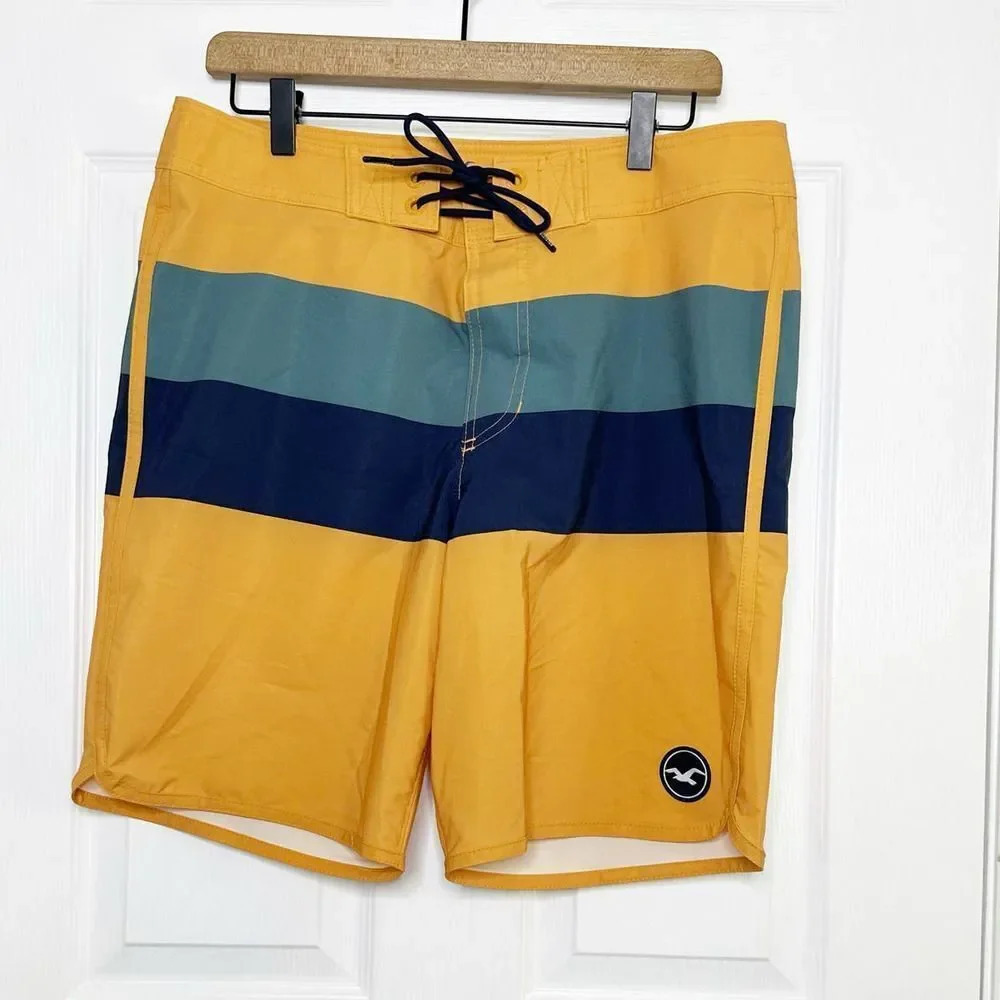 HOLLISTER Mens Size 32 Yellow Color Block Swim Board Shorts 9" Inseam